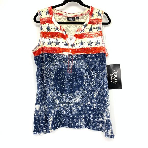 Onque Casual Tank Top Womens Size 1X American Flag Print Red White Blue NEW - Picture 1 of 6